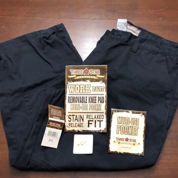 Three Star Genuine Pants 38x3 Navy Work Pants Removable Knee Pads